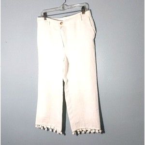 ANTHROPOLOGIE ETT:TWA Solid White Linen Cropp Wide-Leg Pants Poms detail Size S